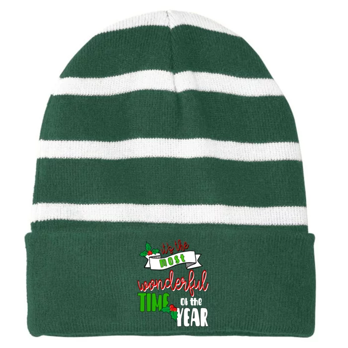 Its The Most Wonderful Time Of The Year Christmas Festive Striped Beanie with Solid Band