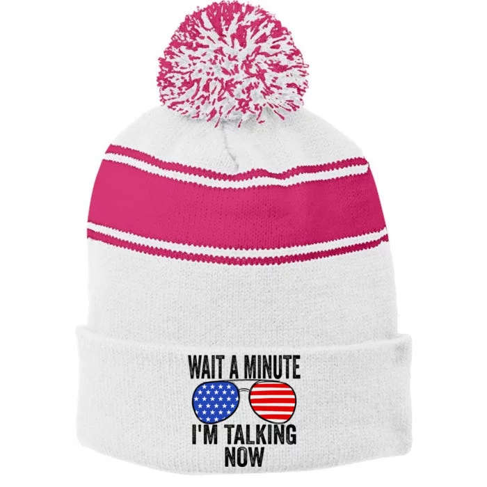 IM Talking Now Does It Sound Familiar Trump Stripe Pom Pom Beanie