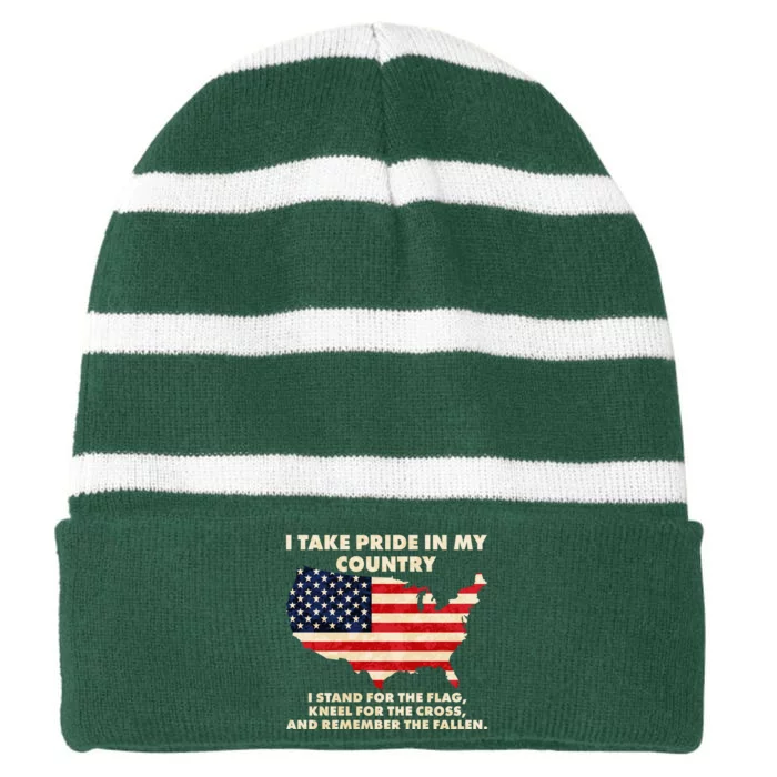 I Take Pride In My Country Distressed USA American Flag Map Striped Beanie with Solid Band