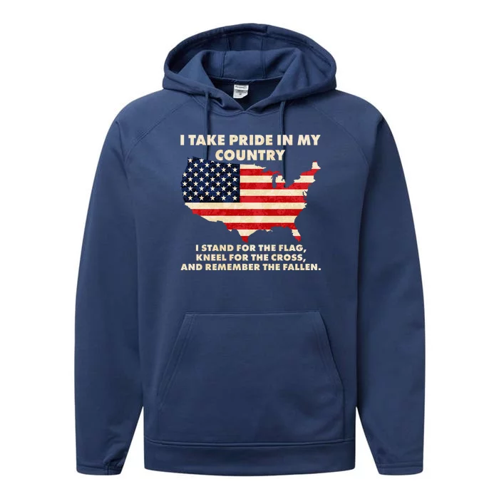 I Take Pride In My Country Distressed USA American Flag Map Performance Fleece Hoodie