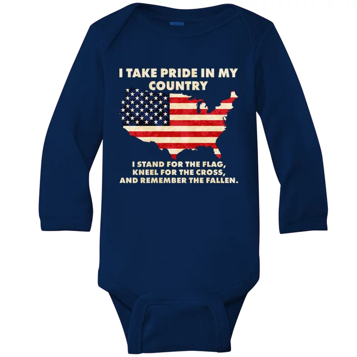 I Take Pride In My Country Distressed USA American Flag Map Baby Long Sleeve Bodysuit