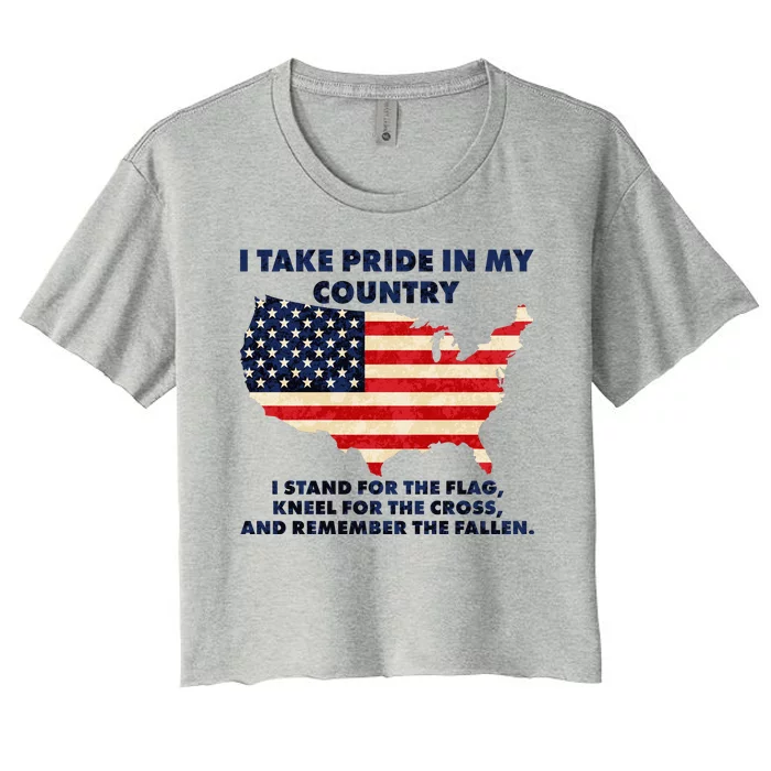 I Take Pride In My Country Distressed USA American Flag Map Women's Crop Top Tee