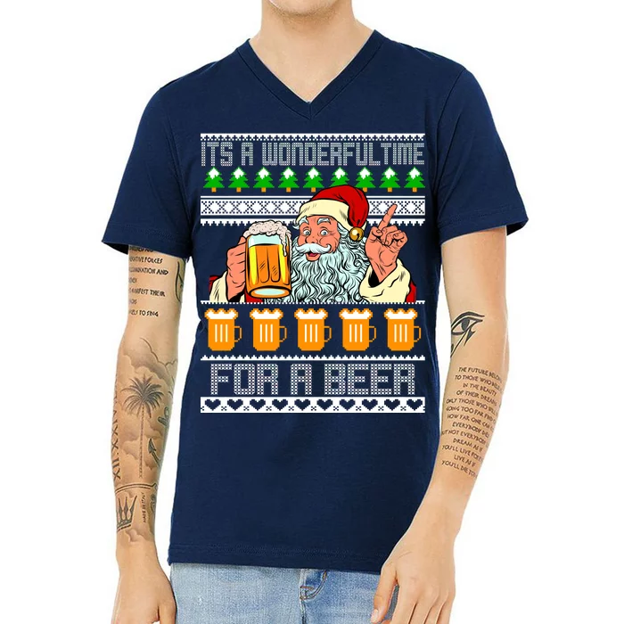 It's A Wonderful Time For A Beer Ugly Christmas Sweater Design V-Neck T-Shirt