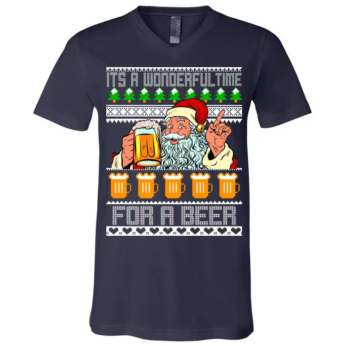 It's A Wonderful Time For A Beer Ugly Christmas Sweater Design V-Neck T-Shirt