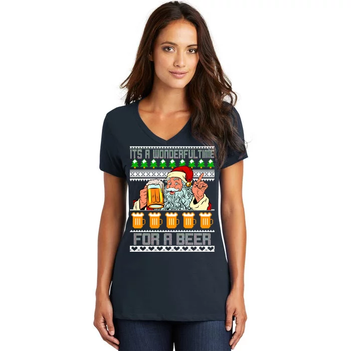 It's A Wonderful Time For A Beer Ugly Christmas Sweater Design Women's V-Neck T-Shirt