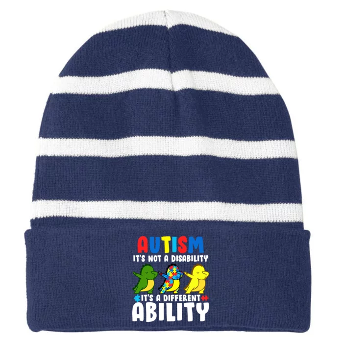 It's Not A Disability Ability Autism Dinosaur Dabbing Striped Beanie with Solid Band