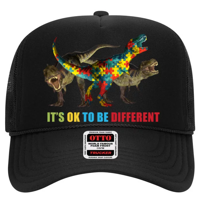 It's Ok To Be Different Dinosaur Autism Awareness High Crown Mesh Trucker Hat