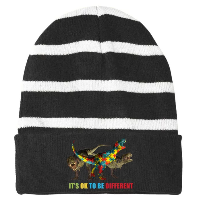 It's Ok To Be Different Dinosaur Autism Awareness Striped Beanie with Solid Band