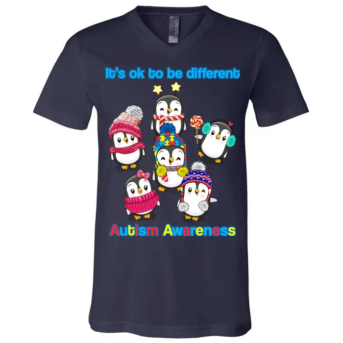 It's Ok To Be Different Penguins Autism V-Neck T-Shirt