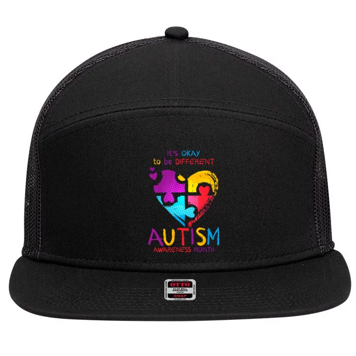 It's Okay To Be Different Autism Awareness Month 7 Panel Mesh Trucker Snapback Hat