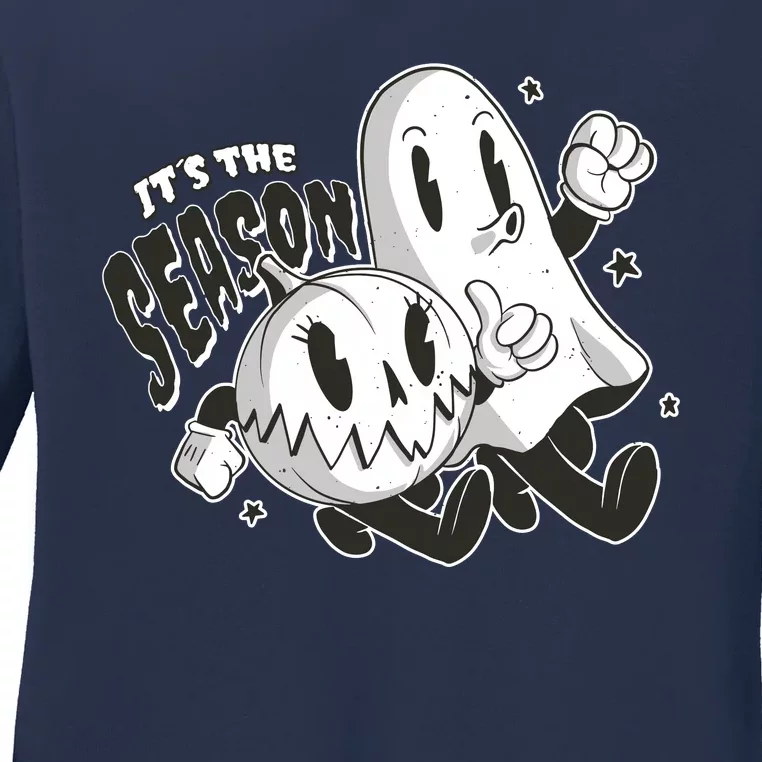 It's The Season Halloween Ghost And Pumpkin Ladies Long Sleeve Shirt