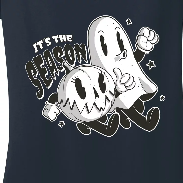 It's The Season Halloween Ghost And Pumpkin Women's V-Neck T-Shirt