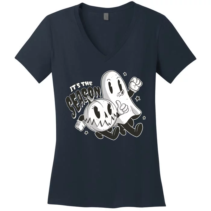 It's The Season Halloween Ghost And Pumpkin Women's V-Neck T-Shirt