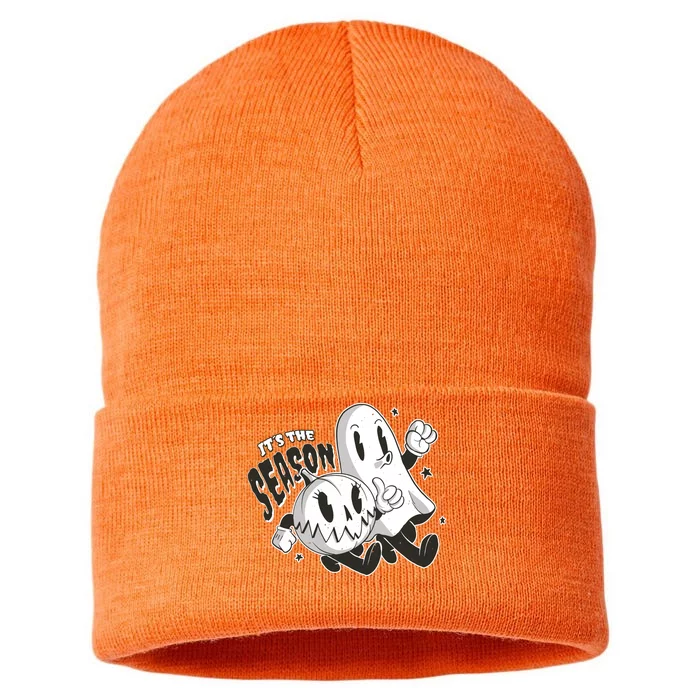 It's The Season Halloween Ghost And Pumpkin Sustainable Knit Beanie