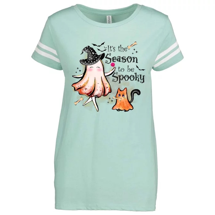 Its The Season To Be Spooky Cute Cat Ghost Witch Halloween Enza Ladies Jersey Football T-Shirt