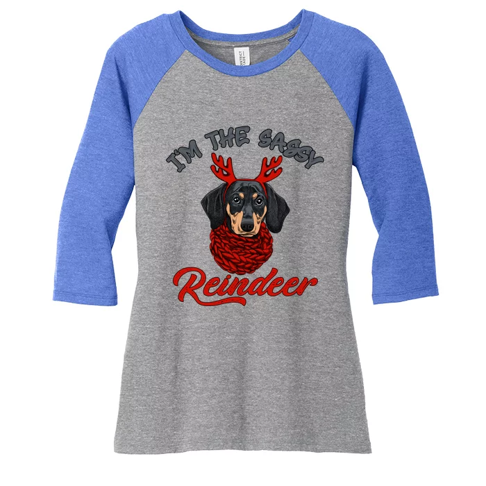 IM The Sassy Reindeer Dachshund Merry Christmas Pajamas Gift Women's Tri-Blend 3/4-Sleeve Raglan Shirt