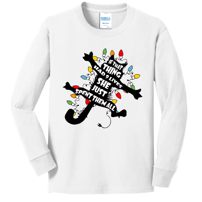 If That Thing Had 9 Ives She Just Spent Them All Funny Cat Christmas Lights Kids Long Sleeve Shirt