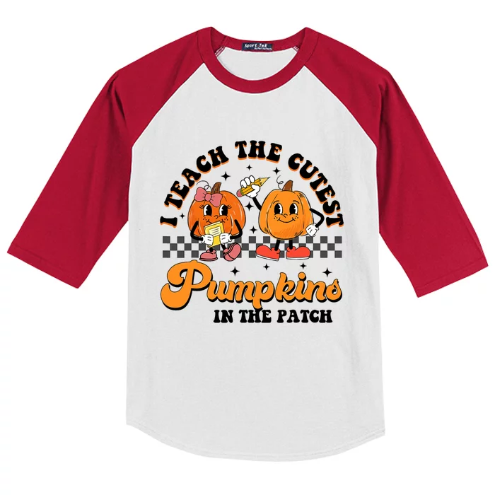 I Teach The Cutest Pumpkins In The Patch Halloween Teacher Kids Colorblock Raglan Jersey