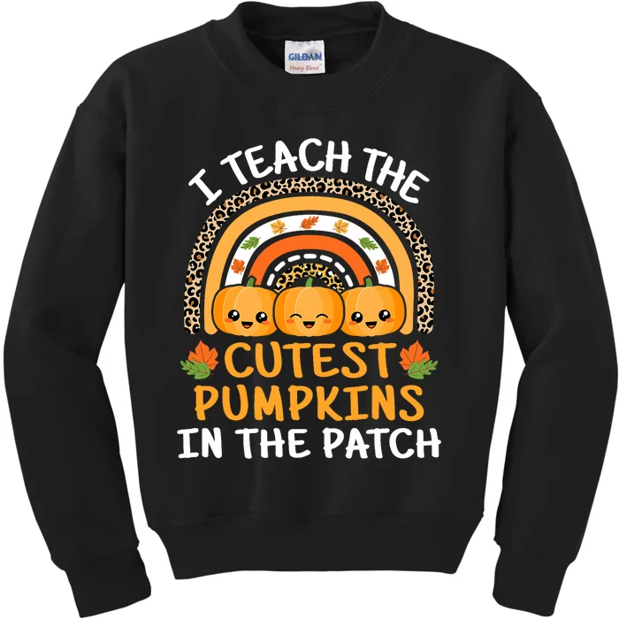 I Teach The Cutest Pumpkins In The Patch Teacher Halloween Leopard Rainbow Kids Sweatshirt