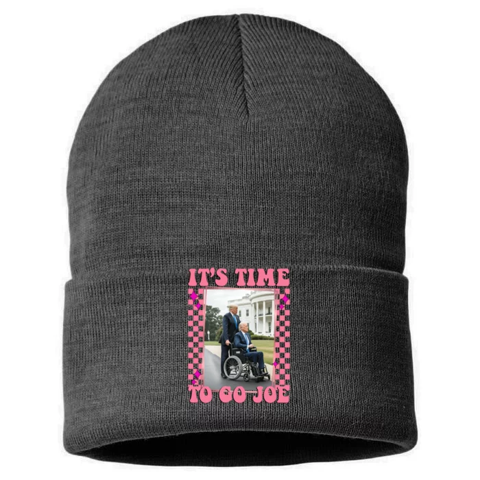 Its Time To Go Joe Wheelchair Funny Trump 2024 Retro Sustainable Knit Beanie