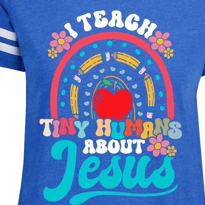 I Teach Tiny Humans About Jesus Christian Teacher Groovy Enza Ladies Jersey Football T-Shirt