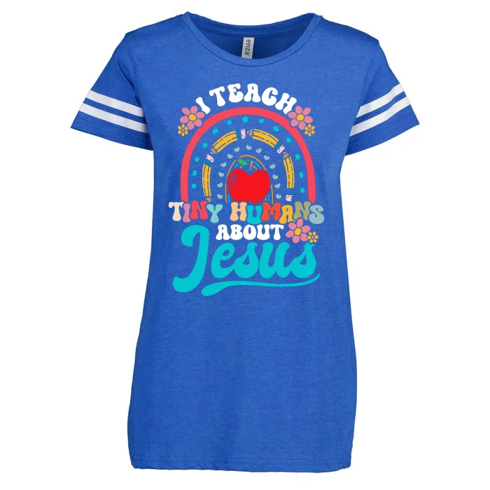 I Teach Tiny Humans About Jesus Christian Teacher Groovy Enza Ladies Jersey Football T-Shirt