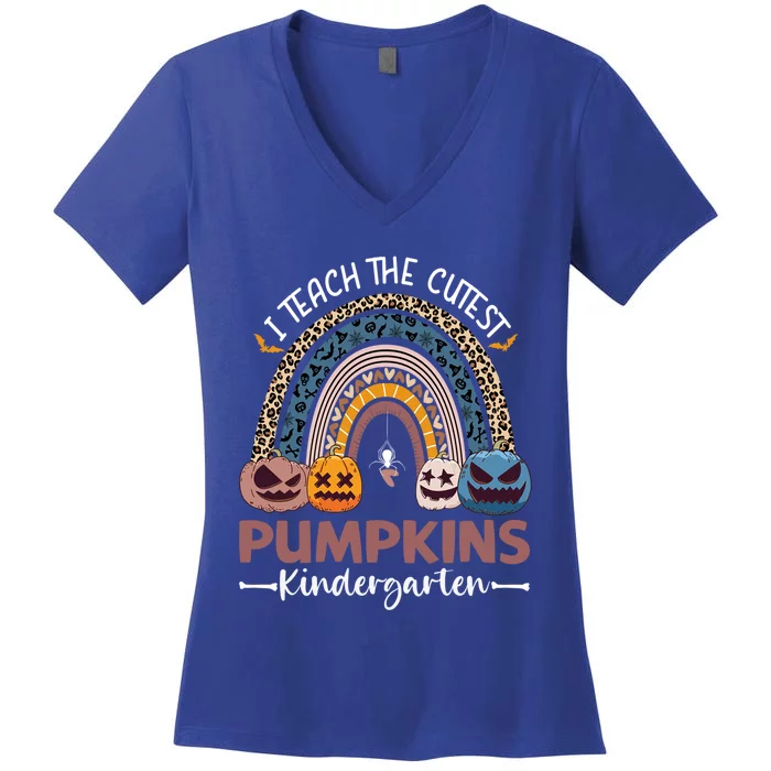 I Teach The Cutest Pumpkins Kindergarten Rainbow Halloween Gift Women's V-Neck T-Shirt