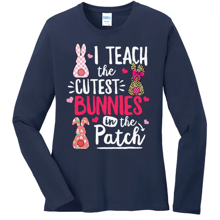 I Teach The Cutest Bunnies Leopard Rabbit Teacher Women Ladies Long Sleeve Shirt