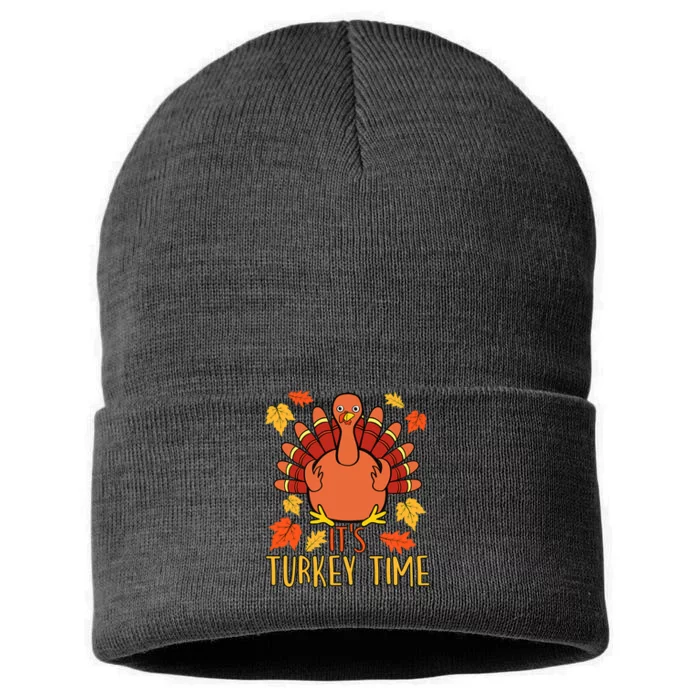 It's Turkey Time Thanksgiving For Women Falling Leaf Sustainable Knit Beanie