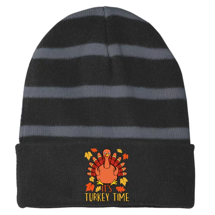 It's Turkey Time Thanksgiving For Women Falling Leaf Striped Beanie with Solid Band