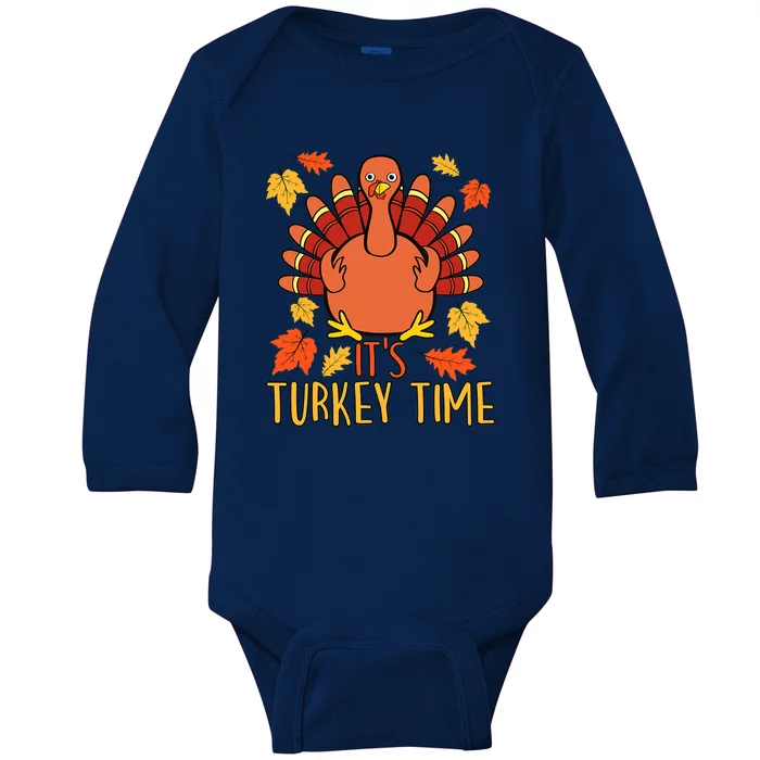 It's Turkey Time Thanksgiving For Women Falling Leaf Baby Long Sleeve Bodysuit