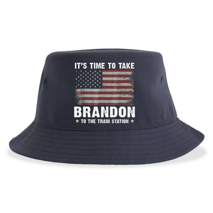 Its Time To Take Brandon To The Train Station America Flag Design Sustainable Bucket Hat