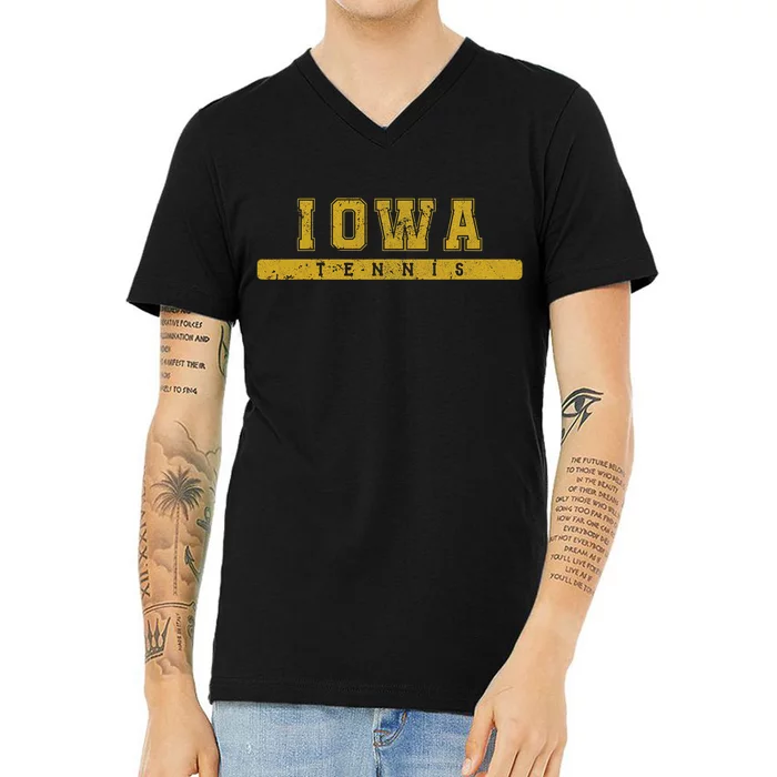 Iowa Tennis Varsity Yellow Vintage Text V-Neck T-Shirt