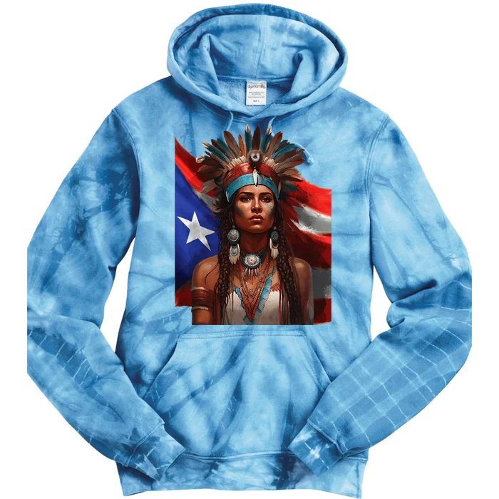 Indigenous Taino Woman Puerto Rican Flag Caribbean Tie Dye Hoodie