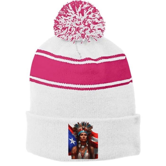 Indigenous Taino Woman Puerto Rican Flag Caribbean Stripe Pom Pom Beanie