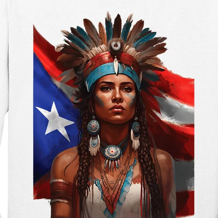 Indigenous Taino Woman Puerto Rican Flag Caribbean Long Sleeve Shirt