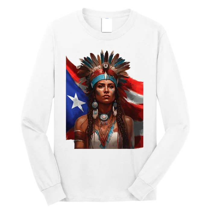 Indigenous Taino Woman Puerto Rican Flag Caribbean Long Sleeve Shirt