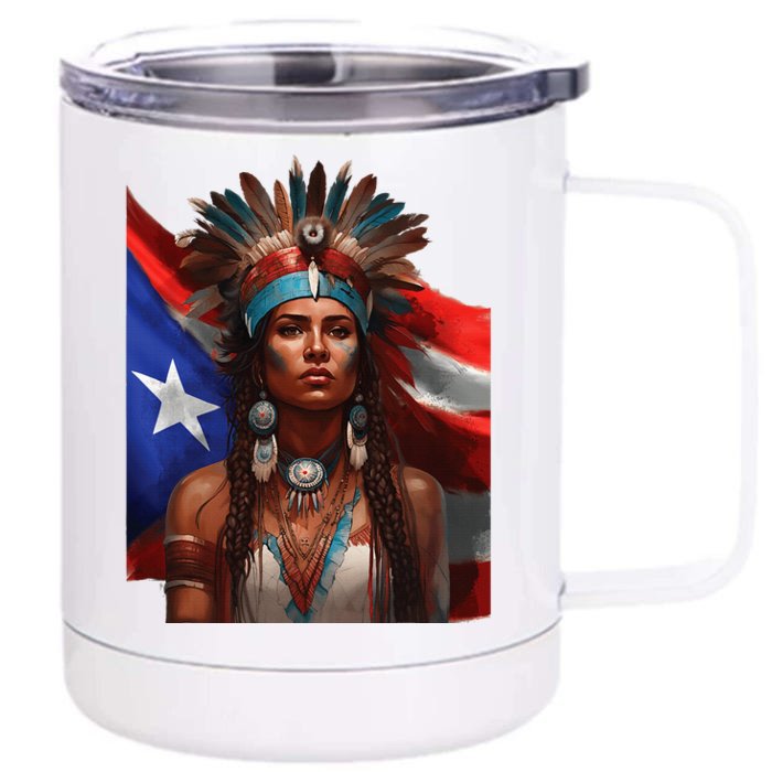 Indigenous Taino Woman Puerto Rican Flag Caribbean Front & Back 12oz Stainless Steel Tumbler Cup