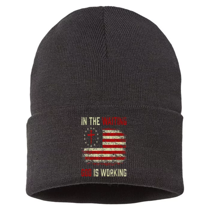 In The Waiting God Is Working Christian Saying USA Flag Sustainable Knit Beanie