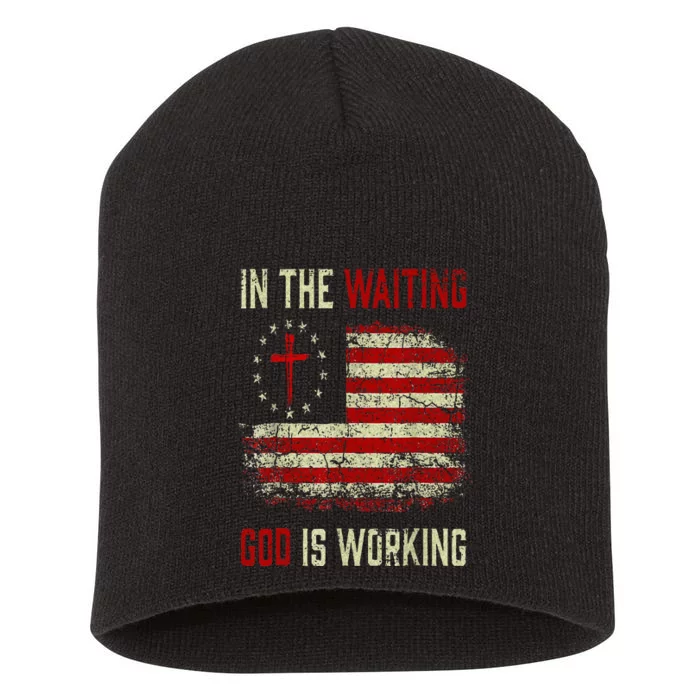 In The Waiting God Is Working Christian Saying USA Flag Short Acrylic Beanie