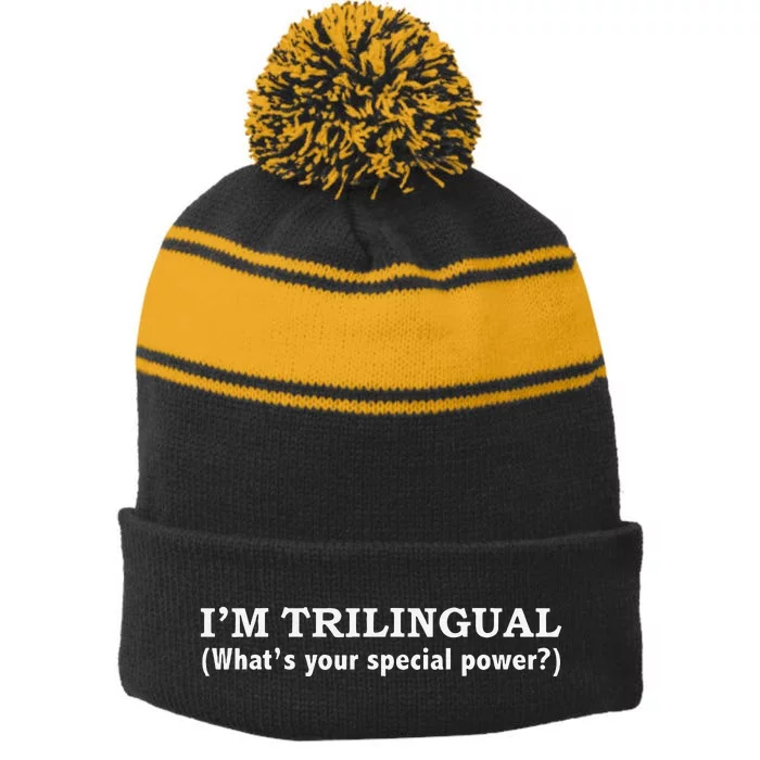 IM Trilingual WhatS Your Special Power Linguistics Stripe Pom Pom Beanie