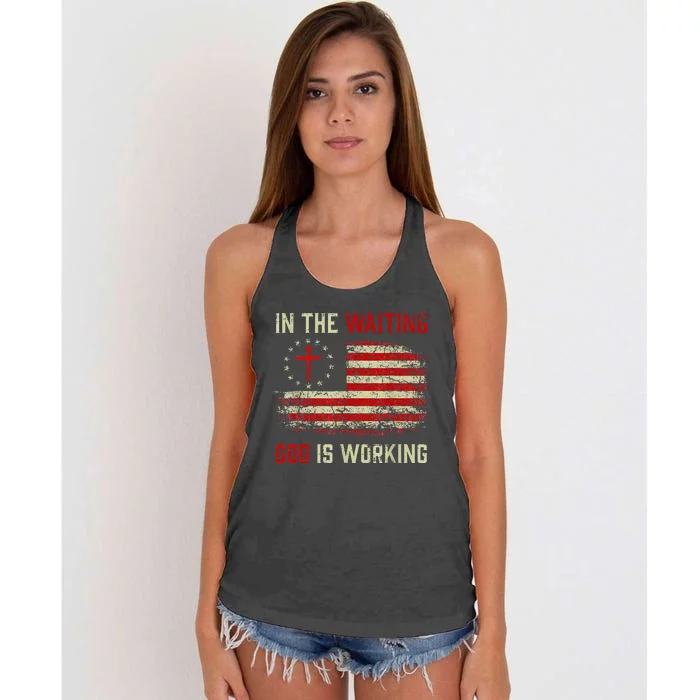 In The Waiting God Is Working Christian Saying USA Flag Women's Knotted Racerback Tank