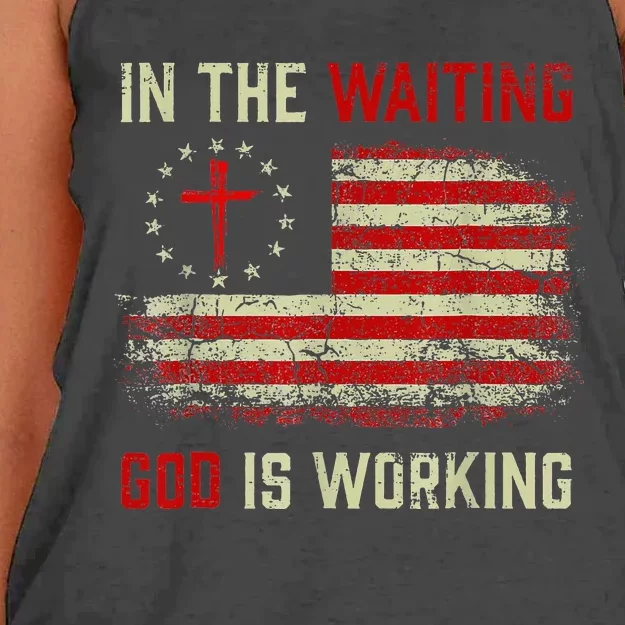 In The Waiting God Is Working Christian Saying USA Flag Women's Knotted Racerback Tank