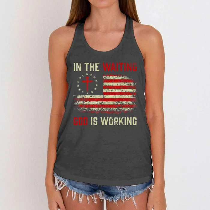 In The Waiting God Is Working Christian Saying USA Flag Women's Knotted Racerback Tank