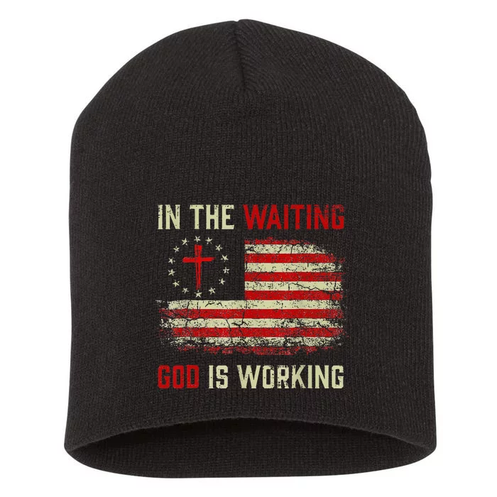 In The Waiting God Is Working Christian Saying USA Flag Short Acrylic Beanie