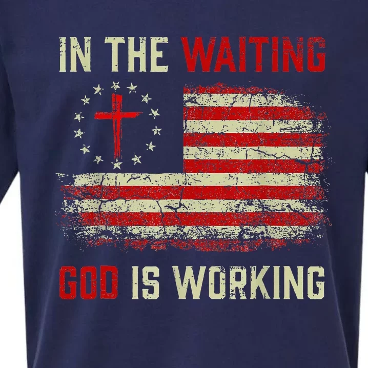 In The Waiting God Is Working Christian Saying USA Flag Sueded Cloud Jersey T-Shirt