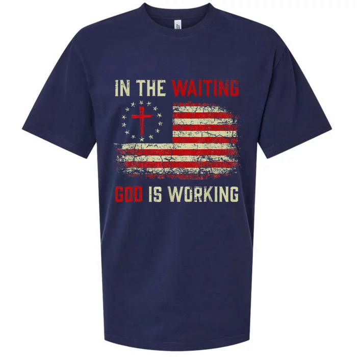 In The Waiting God Is Working Christian Saying USA Flag Sueded Cloud Jersey T-Shirt