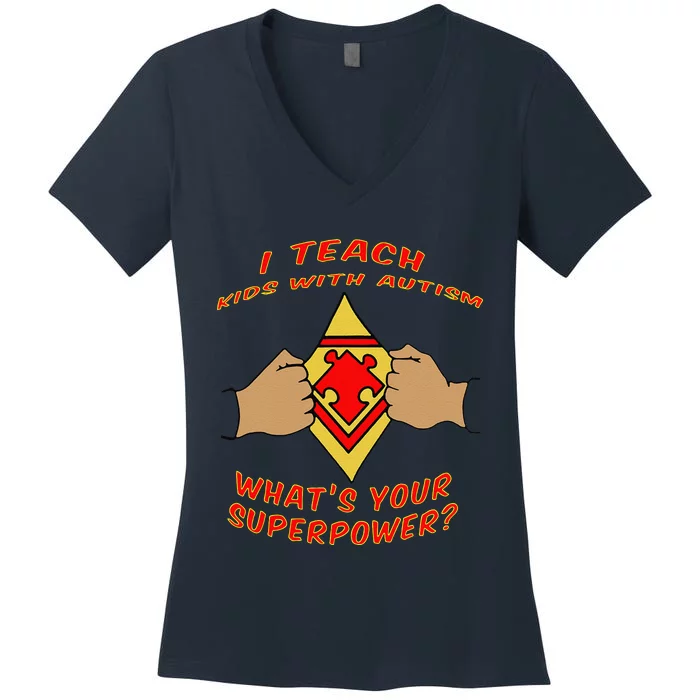 I Teach With Autism Autism Awareness Super Hero Funny Women's V-Neck T-Shirt