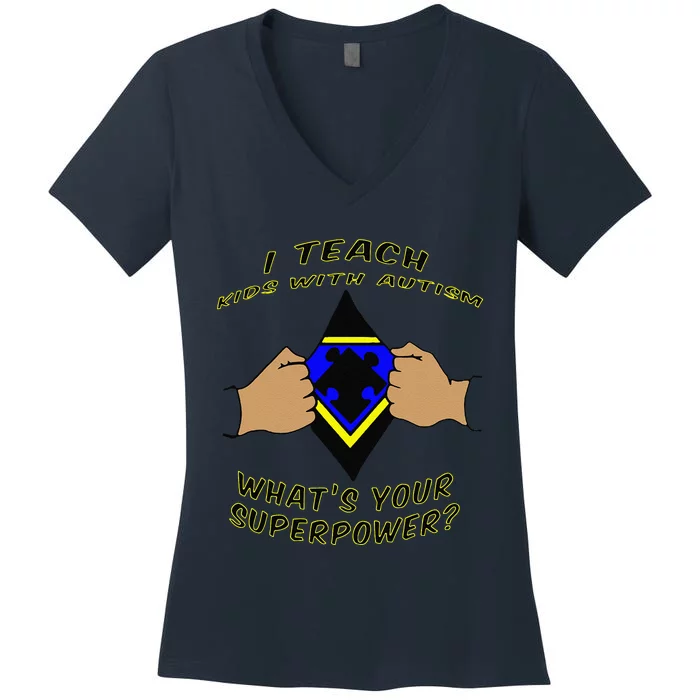 I Teach With Autism Autism Awareness Super Hero Women's V-Neck T-Shirt