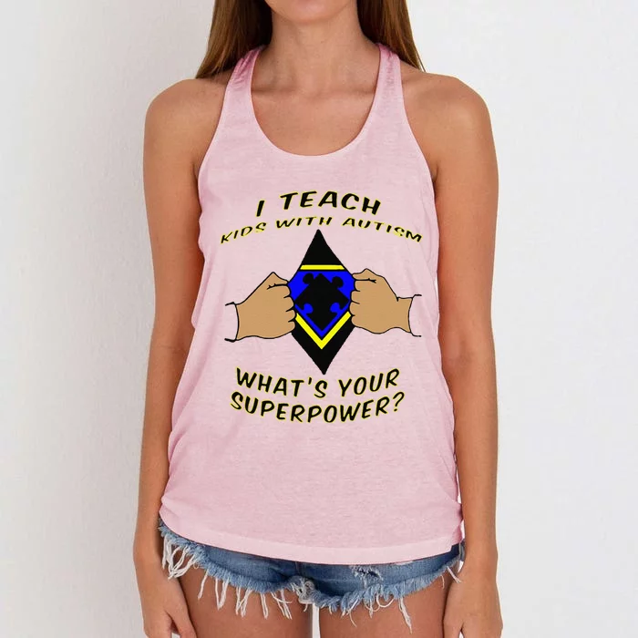 I Teach With Autism Autism Awareness Super Hero Women's Knotted Racerback Tank